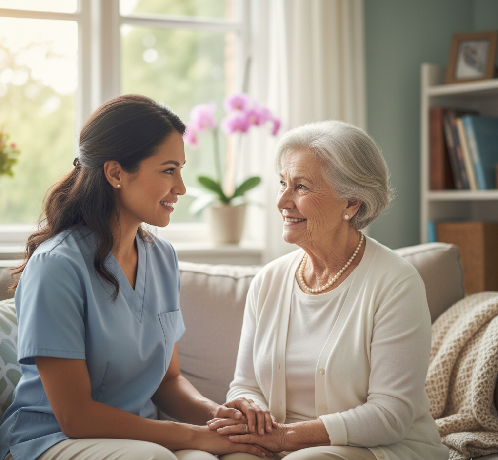 A compassionate caregiver with a senior client